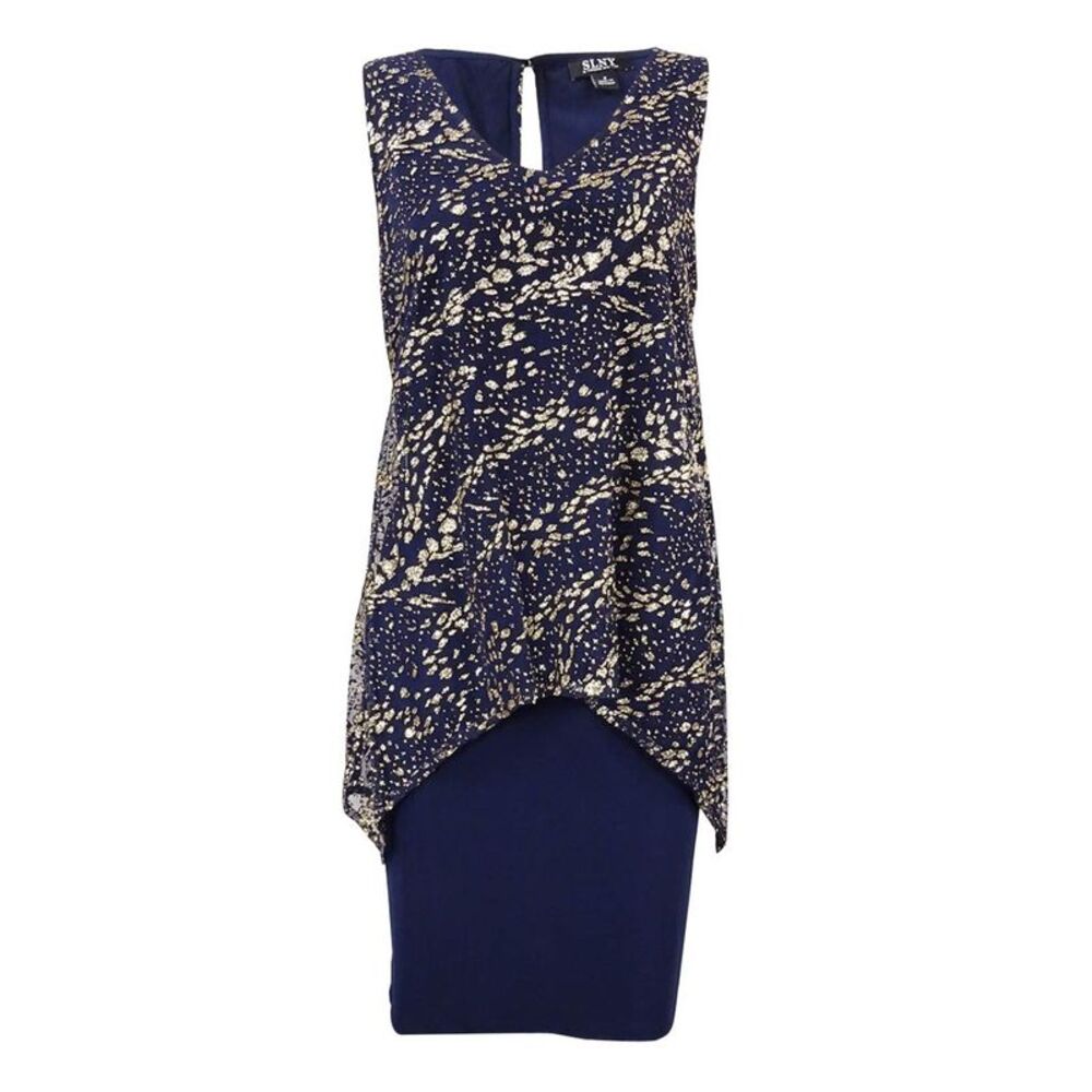 SLNY Women's Metallic-Overlay Shift Dress - Navy/Gold